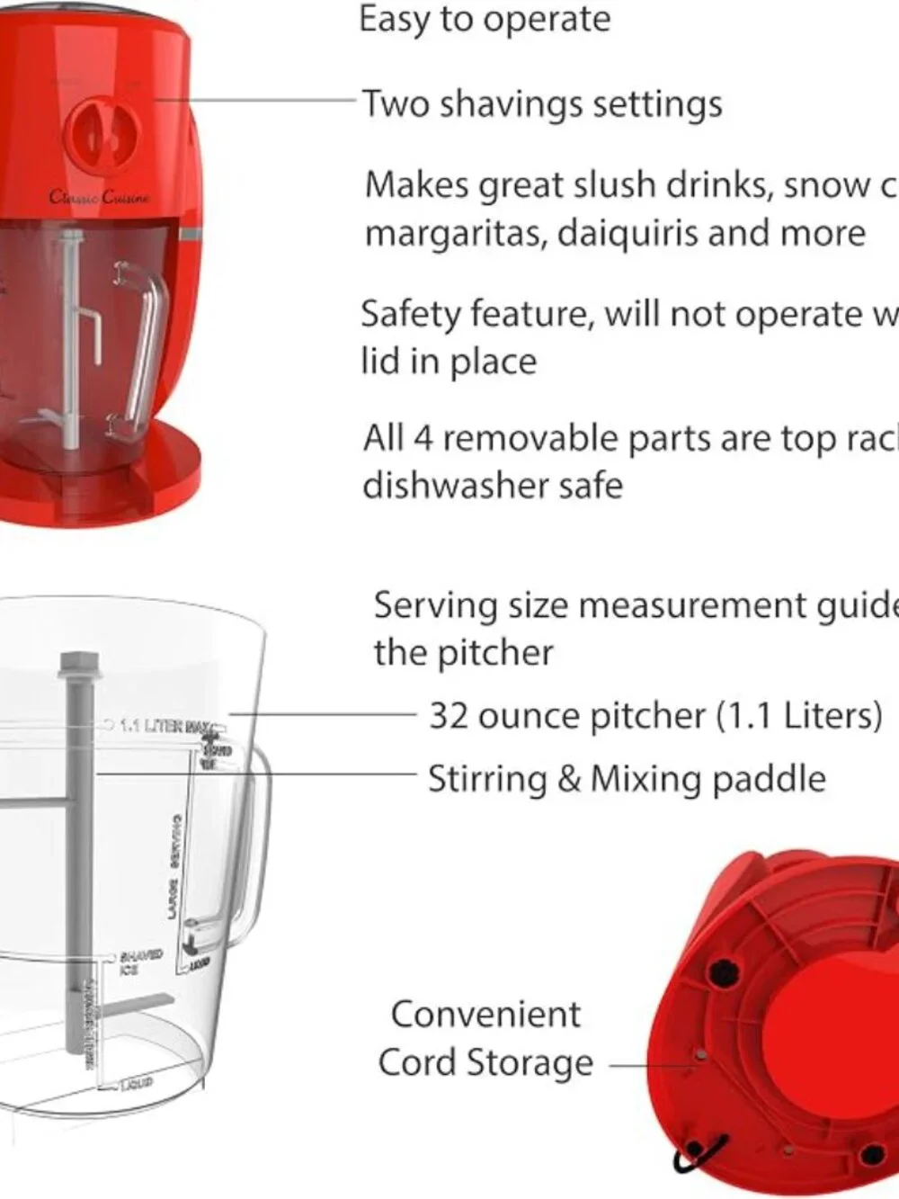 Classic Cuisine Frozen Drink Maker Ice Crusher & Slushie Machine Red